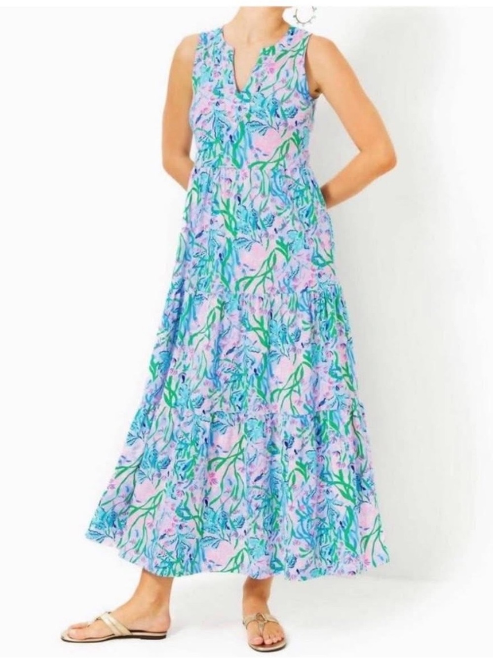 Lilly Pulitzer “Sydnee” Pink Blue Green Floral Tiered Maxi Dress
